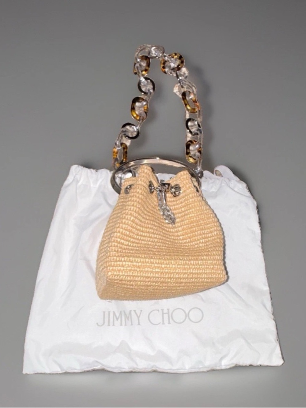 JIMMY CHOO RAFFIA BON BON- Drawstring Bag w/ Tortoiseshell Chain $1450 EUC